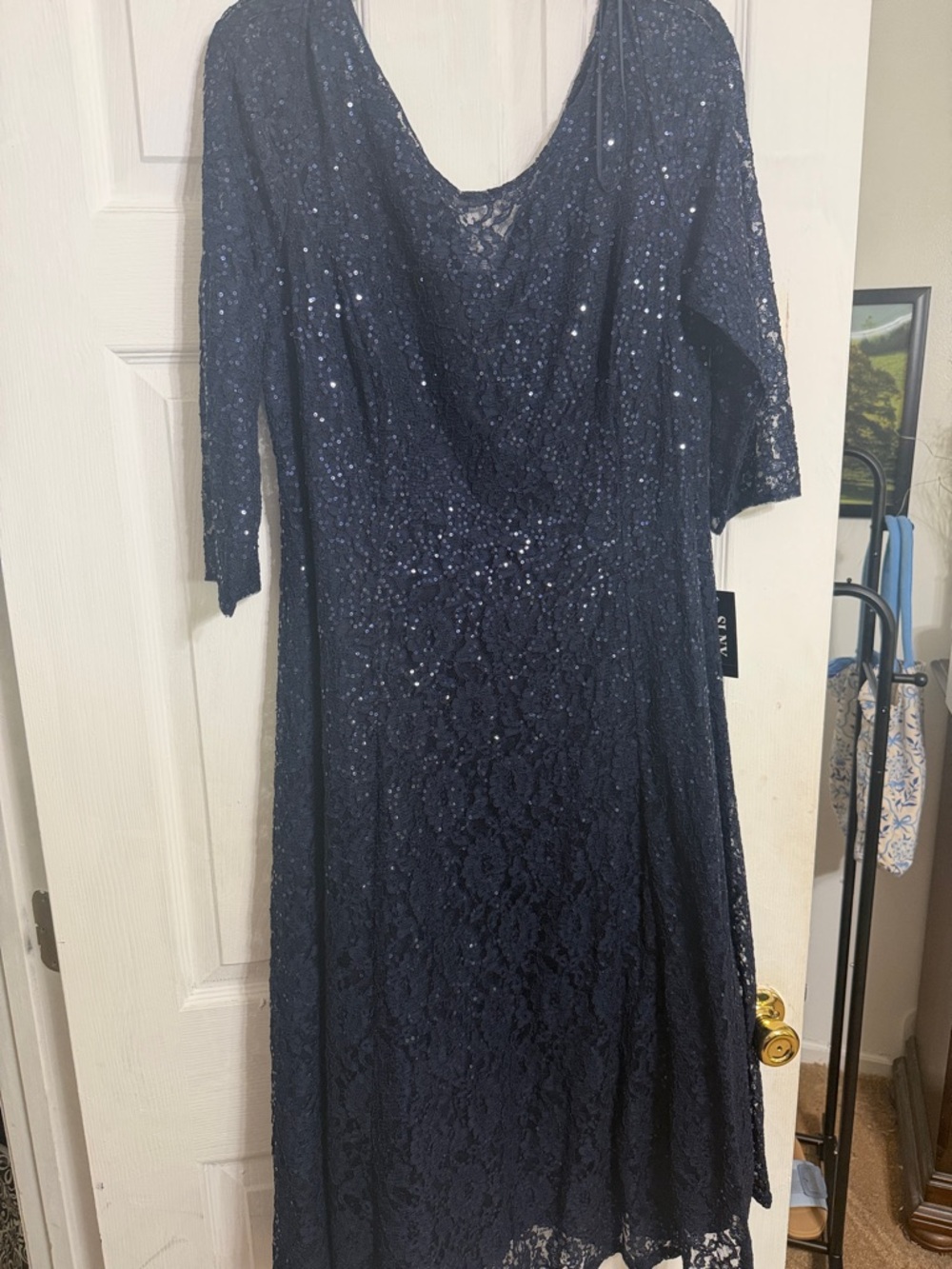 SLNY Navy Sequin Lace Midi Dress
